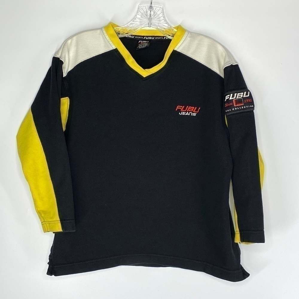 Vintage FUBU Jeans Black White Long Sleeve Shirt Kids Medium (12-14) Vneck